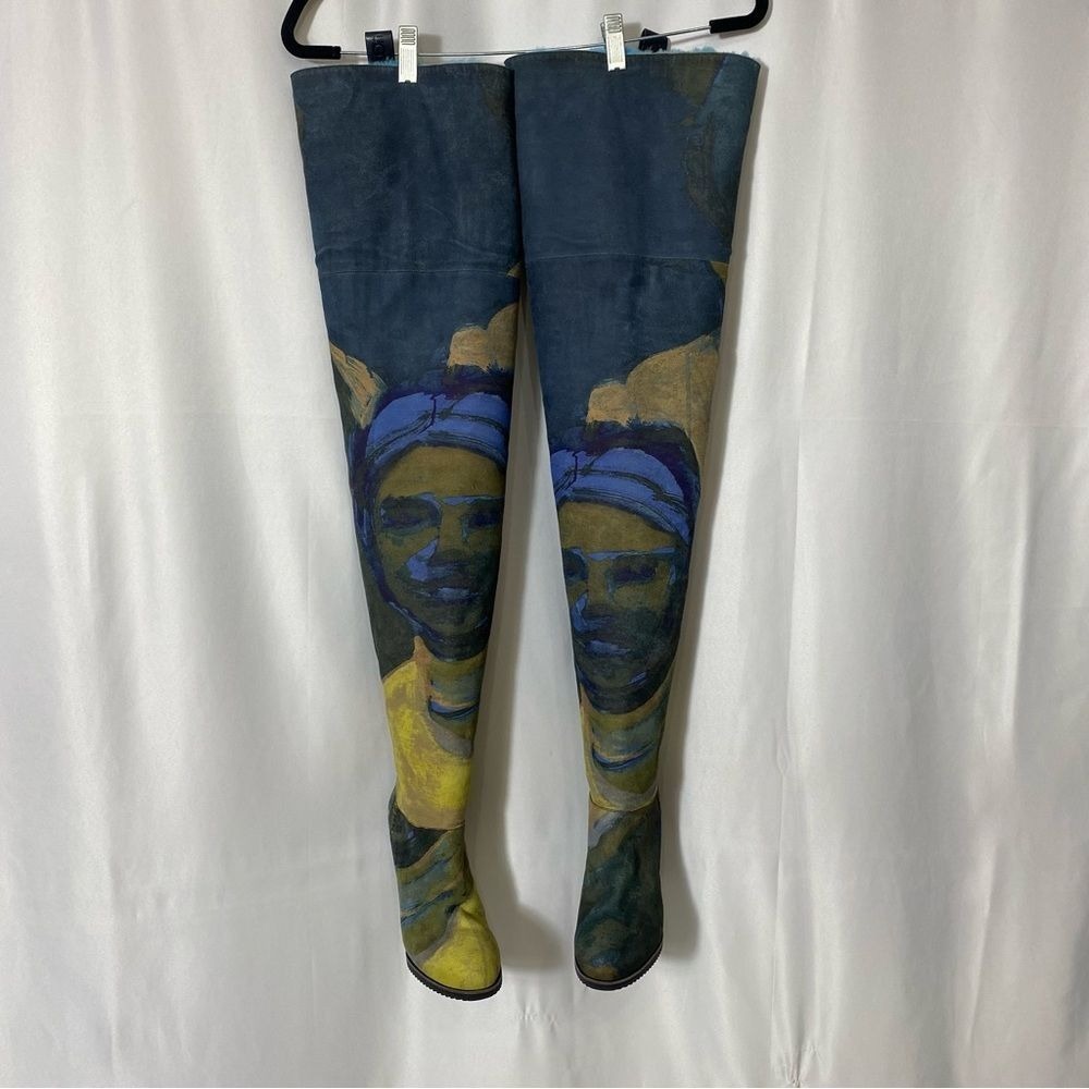 UGG x Tschabalala Self Over-the-Knee Suede Wedge Boots Blue Yellow Portrait